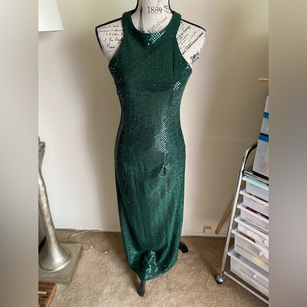 All that jazz emerald forest green sequin maxi dress vintage 90s Y2K